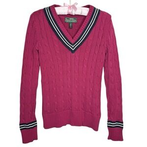L-RL Lauren Active Ralph Lauren Cable Knit V Neck‎ Rugby Cricket Sweater XS